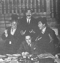 A publicity pic of Harpo, Groucho, Chico, and Irving Thalberg